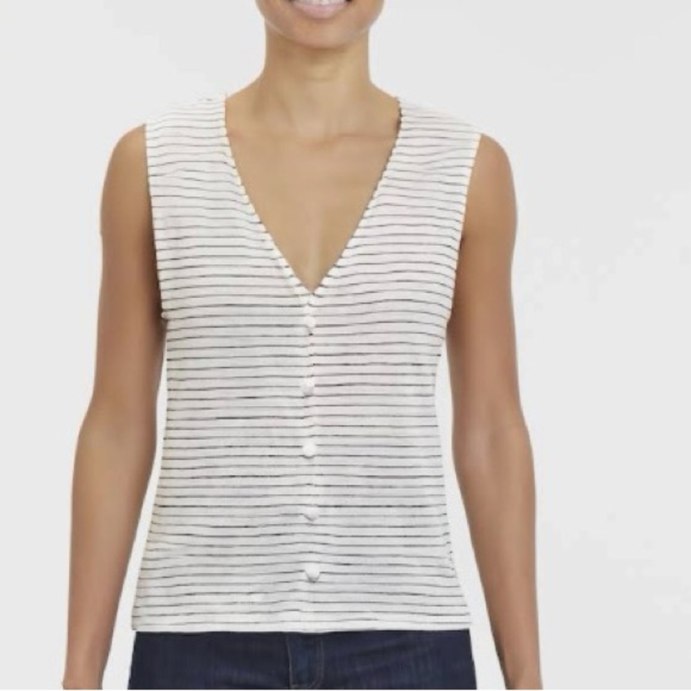 rag & bone White Sleeveless V-Neck Button Front Tank with Black Stripes